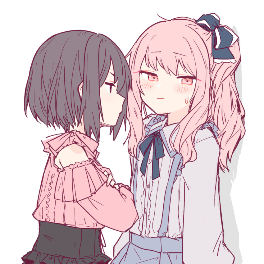 132_(bb32768) 1girl 1other akiyama_mizuki arms_at_sides blush bow brown_eyes brown_hair buttons chinese_commentary closed_mouth collared_shirt commentary_request crossed_arms hair_ribbon highres long_hair long_sleeves looking_at_another neck_ribbon pink_eyes pink_hair project_sekai ribbon shinonome_ena shirt short_hair side_ponytail simple_background upper_body white_background