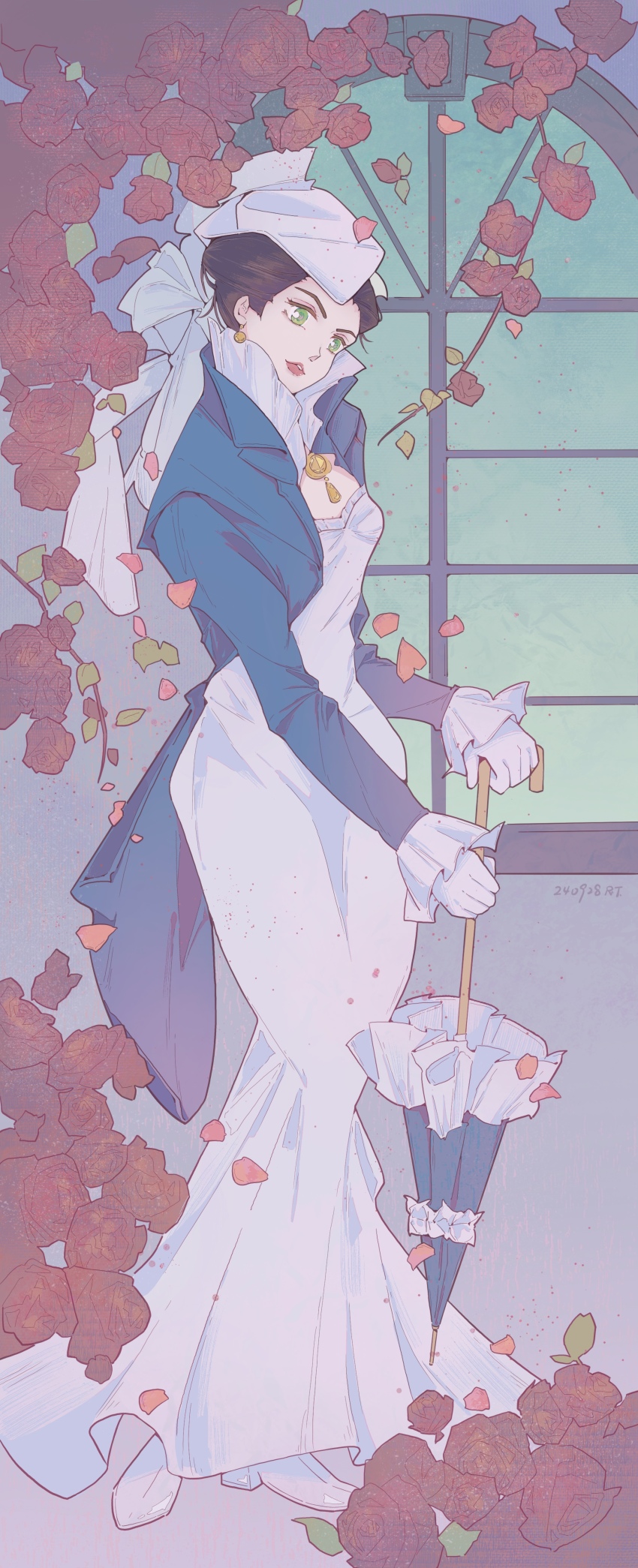 1girl absurdres arched_window blue_coat blue_eyes brown_hair coat dress flower gensou_getsumen_rt gone_with_the_wind green_eyes highres holding holding_umbrella long_sleeves parasol red_flower red_rose rose scarlett_o&#039;hara solo umbrella white_dress window