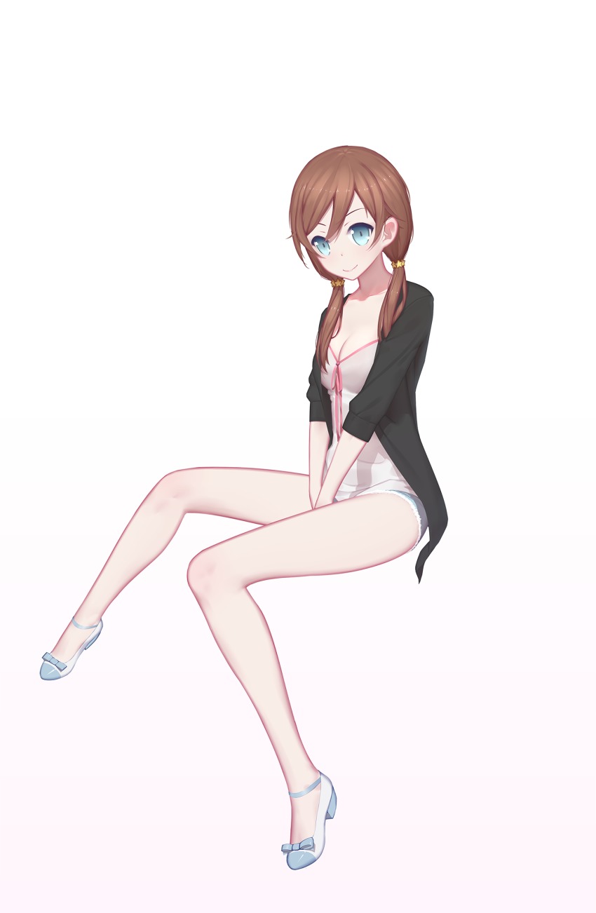 10s 1girl aoshima_moka arms_between_legs blue_eyes breasts brown_hair cleavage cutoffs denim denim_shorts front-tie_top highres one_room open_clothes short_shorts shorts smile thighs twintails v_arms white_background xini_m