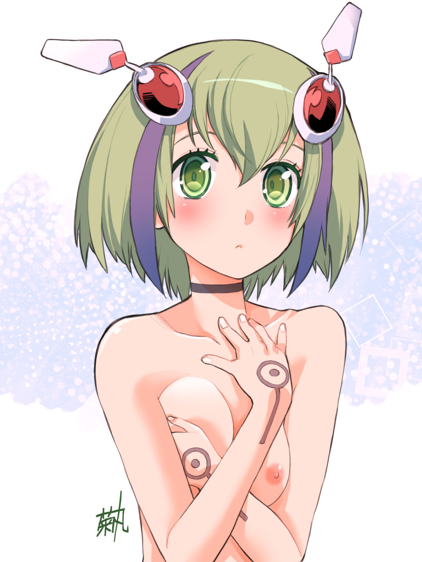 :&lt; android artist_name black_choker blue_background blush bob_cut breasts choker closed_mouth collarbone commentary completely_nude covering_breasts covering_privates dimension_w expressionless eyelashes green_eyes green_hair hair_between_eyes highres kikumaru_bunta looking_at_viewer medium_breasts multicolored_hair nipples nude purple_hair robot_ears robot_girl short_hair signature square streaked_hair translated upper_body white_background yurizaki_mira