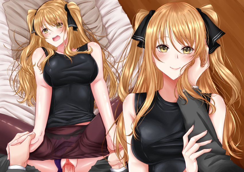 1boy 1girl ao_no_kanata_no_four_rhythm bare_arms black_dress black_ribbon blonde_hair brown_eyes brown_pantyhose caress clitoris clothed_sex clothes_lift commission dress dress_lift grey_pants hair_ribbon hand_on_another&#039;s_cheek hand_on_another&#039;s_face hetero holding_hands leather long_hair looking_at_viewer missionary panties pants pantyhose penis pov purple_panties pussy ribbon rynn_(darknescorez) satouin_reiko second-party_source sex sleeveless sleeveless_dress solo_focus spread_legs uncensored underwear urethra vaginal