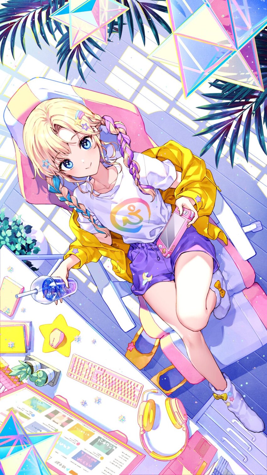 1girl album_cover aqua_eyes blonde_hair blue_hair book braid chair computer_keyboard cover curtained_hair drink from_above full_body gaming_chair handheld_game_console hashtag-only_commentary headphones highres holding holding_drink holding_handheld_game_console indoors jacket leaf monitor multicolored_hair nardack nintendo_switch off_shoulder official_art open_clothes open_jacket plant potted_plant print_shirt purple_hair real_life shirt shorts sitting smile socks solo streaked_hair swivel_chair table twin_braids white_socks yamazaki_haruka