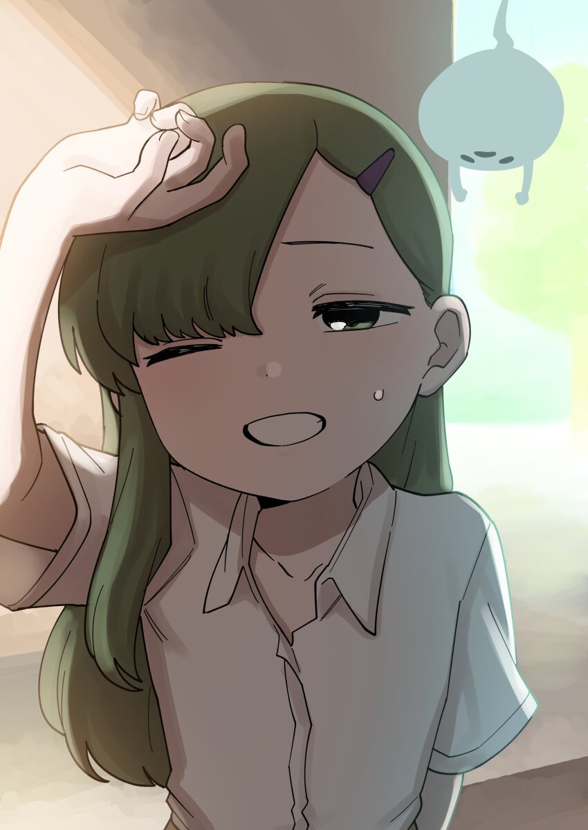 1girl absurdres blush collared_shirt dress_shirt green_eyes green_hair hair_ornament hairclip highres igarashi_futaba medium_hair office_lady one_eye_closed senpai_ga_uzai_kouhai_no_hanashi shiromanta shiromanta_(character) shirt smile sunlight sweat white_shirt