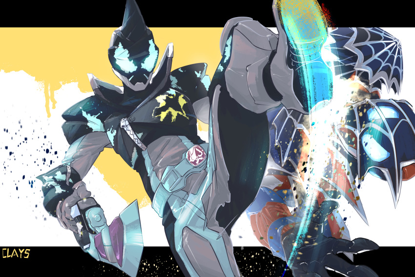 2boys absurdres armor bat_(animal) bat_genome black_armor blue_armor blue_eyes boots clays_(clayschan) clenched_hand commentary_request compound_eyes evilblade fighting gloves glowing glowing_eyes highres horns kamen_rider kamen_rider_demons kamen_rider_evil kamen_rider_revice kicking male_focus motion_blur multiple_boys red_armor rider_belt rivalry rivalry shadow silk silver_footwear silver_gloves single_horn spider_genome spider_web spider_web_print spikes splatter splatter_print standing sword tokusatsu two_sidriver villain_pose weapon white_armor yellow_background