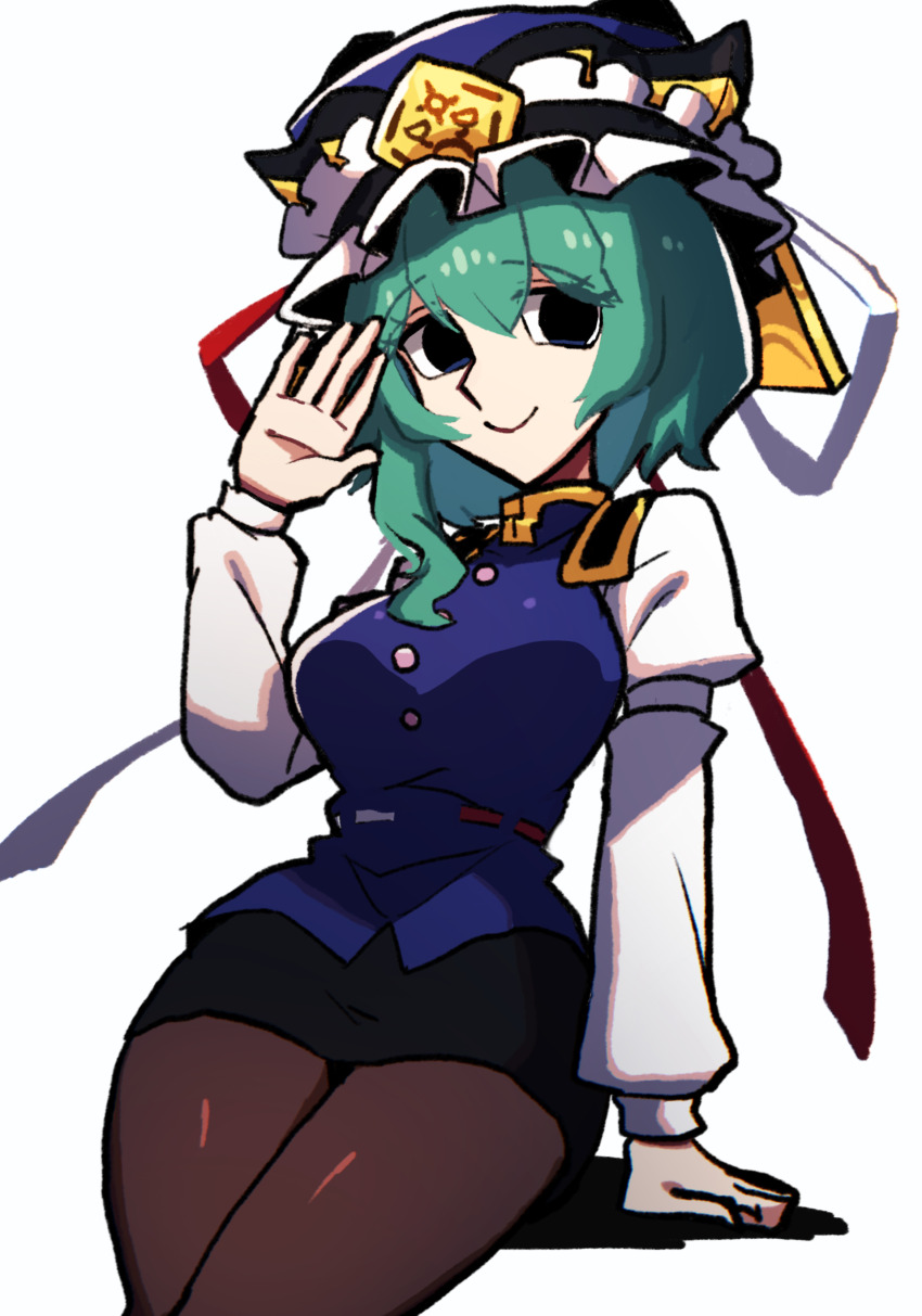 1girl absurdres asymmetrical_hair black_eyes black_pantyhose black_skirt blue_hat blue_vest bow breasts buttons closed_mouth epaulettes frilled_hat frills green_hair hat hat_ribbon head_tilt highres iganashi1 juliet_sleeves large_breasts long_sleeves looking_at_viewer pantyhose pencil_skirt puffy_sleeves red_bow ribbon shiki_eiki shirt short_hair sitting skirt sleeve_bow smile solo touhou vest white_bow white_shirt