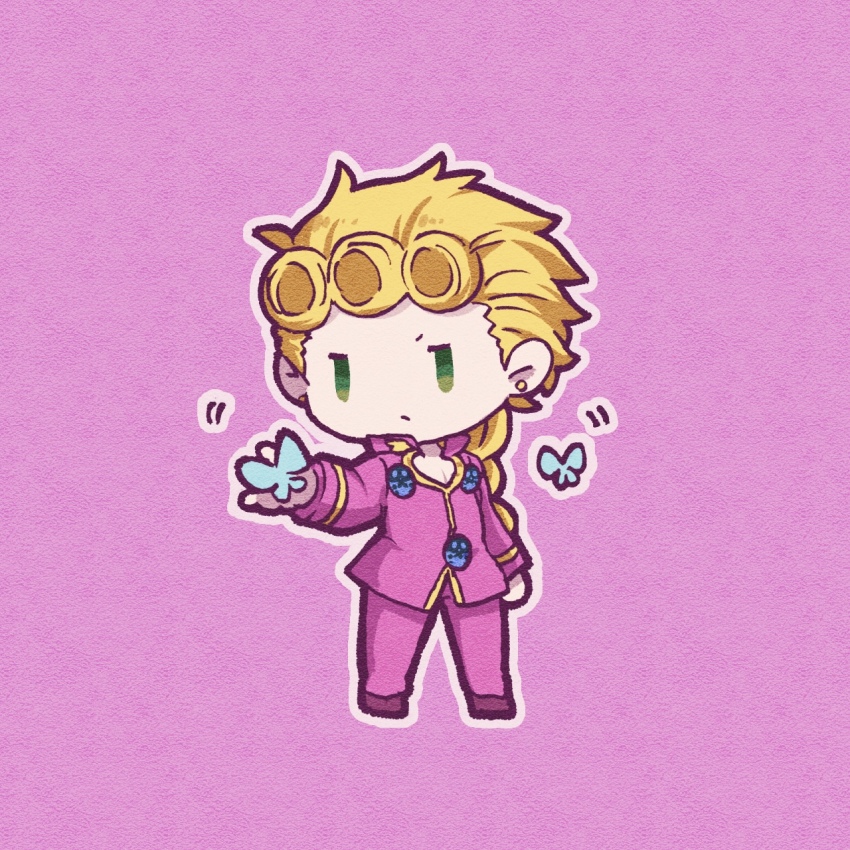 1boy blonde_hair braid bug butterfly chibi commentary_request full_body giorno_giovanna green_eyes highres insect jitome jojo_no_kimyou_na_bouken kasasagi_(hinagi) long_hair long_sleeves male_focus outline pink_background solo vento_aureo white_outline