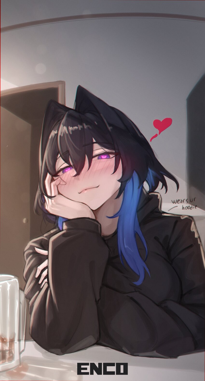 1girl absurdres artist_name black_hair black_hoodie blue_hair blush closed_mouth commentary cup drunk enc_ods english_commentary hair_intakes hand_on_own_cheek hand_on_own_face head_rest heart heart-shaped_pupils highres hololive hololive_english hood hoodie indoors mug multicolored_hair ouro_kronii solo symbol-shaped_pupils table two-tone_hair virtual_youtuber