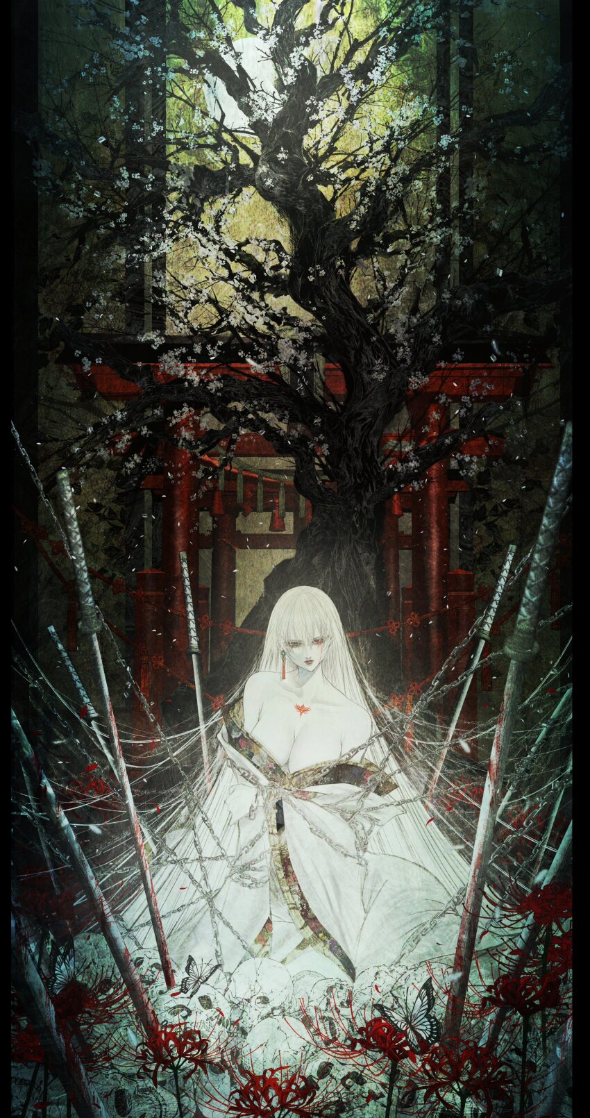 1girl absurdres bare_shoulders blood bloody_tears bloody_weapon branch breasts bug butterfly chain chained chest_tattoo cleavage colored_skin crying crying_with_eyes_open earrings flower full_moon grey_eyes highres insect japanese_clothes jewelry kimono large_breasts lipstick long_hair looking_at_viewer makeup moon multiple_swords multiple_torii ootachi original outdoors pale_skin parted_lips pile_of_skulls planted planted_sword planted_weapon red_flower red_lips rope satsuki_kei shimenawa skull solo spider_lily straight_hair sword tassel tassel_earrings tattoo teardrop tears torii tree very_long_hair weapon white_butterfly white_flower white_hair white_kimono white_skin wide_sleeves
