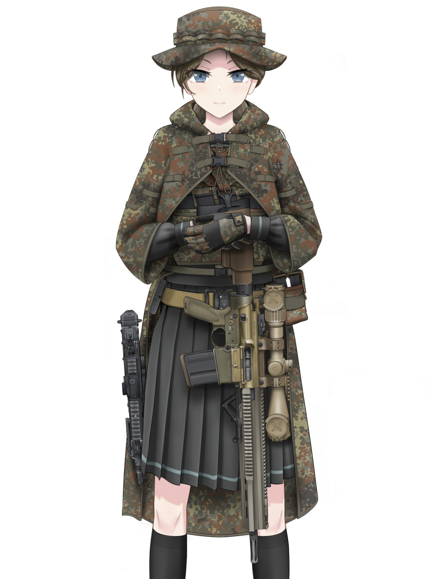 1girl absurdres black_gloves black_shirt black_skirt black_socks blue_eyes brown_hair camouflage camouflage_coat camouflage_gloves camouflage_hat closed_mouth coat commentary cowboy_shot gloves gun h&amp;k_g28 h&amp;k_mp7 hat highres kneehighs long_sleeves original school_uniform scope serafuku shirt short_hair simple_background skirt smile socks solo standing submachine_gun tactical_school_uniform user_uejr5243 weapon white_background