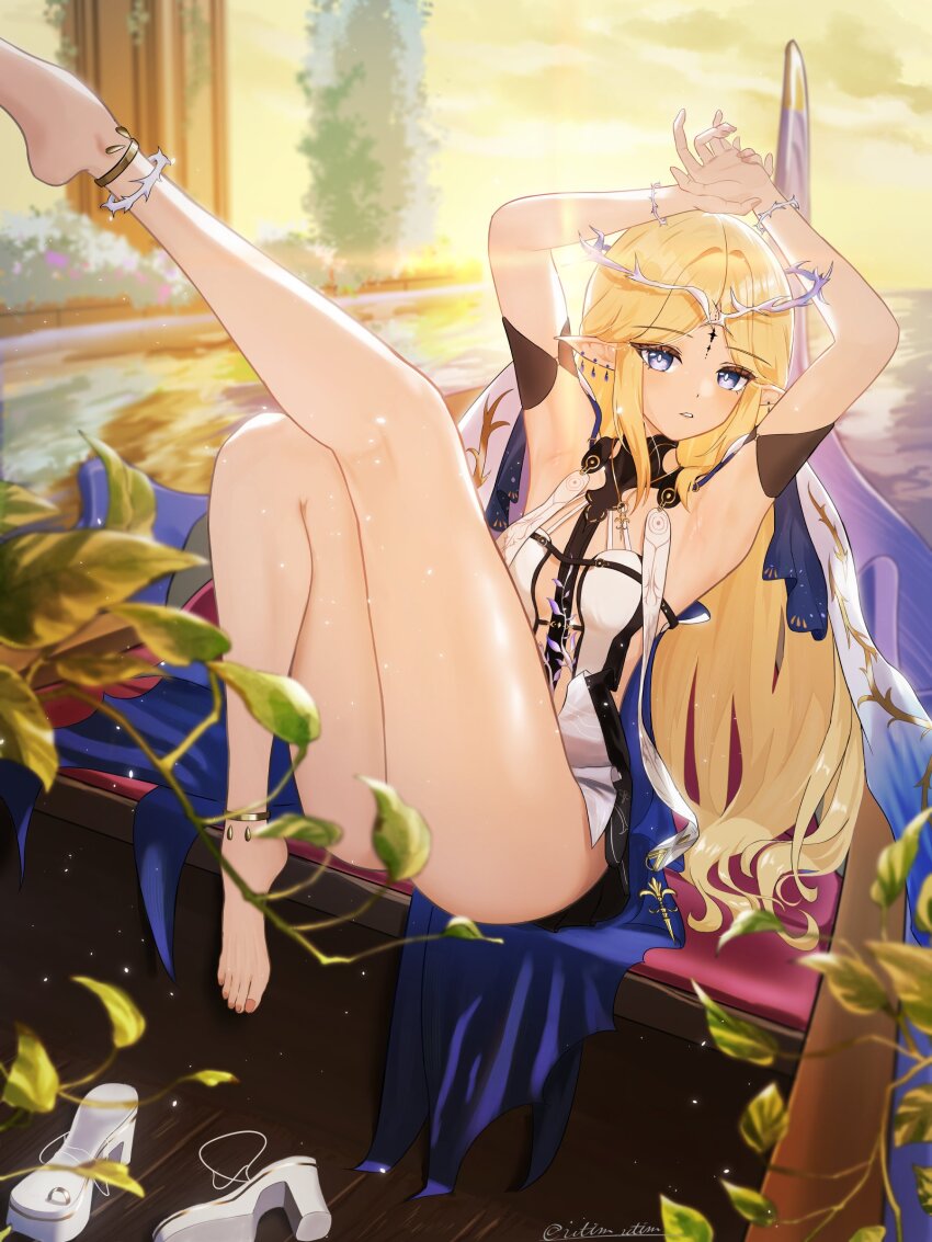 1girl absurdres armpits arms_up black_dress blonde_hair blue_eyes bottomless breasts cartethyia_(wuthering_waves) chikarit commentary convenient_censoring crown_of_thorns dress earrings feet highres jewelry kneepits leg_up legs long_hair looking_at_viewer medium_breasts outdoors parted_bangs pointy_ears sandals sidelocks signature sky solo tabard tacet_mark_(wuthering_waves) toes unworn_sandals white_sandals white_tabard wuthering_waves yellow_sky