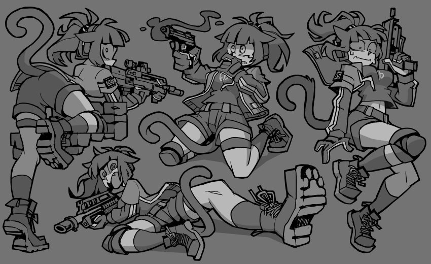 1girl @_@ absurdres animal_ears arknights assault_rifle automatic_shotgun beretta_92 bullpup cat_ears cat_tail fang gas-seal_revolver gloves greyscale gun h&amp;k_mp7 handgun highres holding holding_gun holding_weapon jacket jessica_(arknights) knee_pads kneeling monochrome multiple_views pancor_jackhammer personal_defense_weapon ponytail prototype_design revolver_shotgun rifle shorts shotgun single_knee_pad smoke smoking_barrel submachine_gun suppressor sweat tail thigh_strap vanripper vhs-d2 weapon