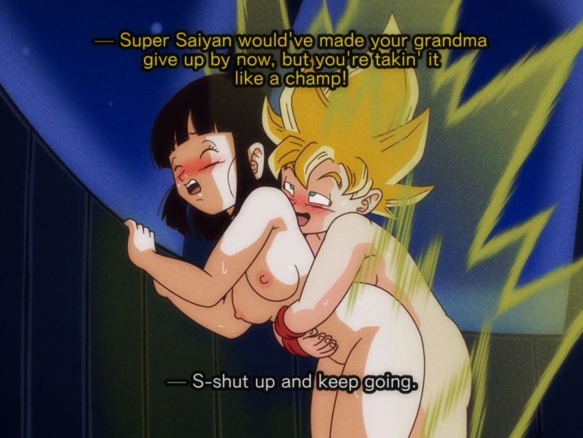 1boy 1girl absurdres ass bandana black_eyes black_gloves black_hair blonde_hair blunt_bangs blush breasts commentary commentary_request completely_nude crop_top dragon_ball dragon_ball_gt embarrassed english_commentary erection gloves gmr grandfather_and_granddaughter green_eyes happy_sex highres imminent_penetration incest medium_breasts nipples non-web_source nude orange_bandana orange_trim pan_(dragon_ball) pants penis pussy red_shirt sex sex_from_behind shirt son_goku super_saiyan sweat vaginal wristband yellow_pants
