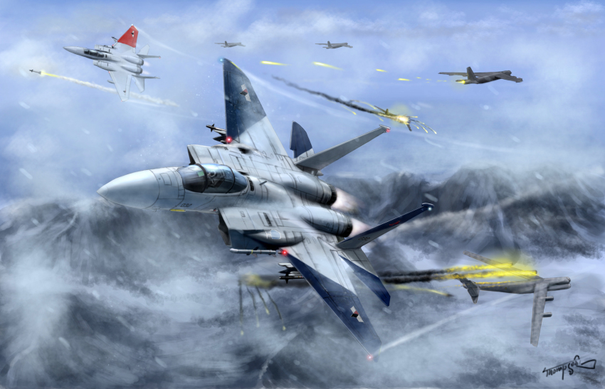 ace_combat ace_combat_zero aerial_battle afterburner aircraft airplane b-52_stratofortress battle bomber cipher_(ace_combat) damaged explosion f-15 f-15_eagle fighter_jet fire firing flying heavy_bomber highres larry_foulke military military_vehicle missile mountain no_humans penetrator_(aircraft) signature snow strategic_bomber thompson_(solowingfh) vehicle_focus war
