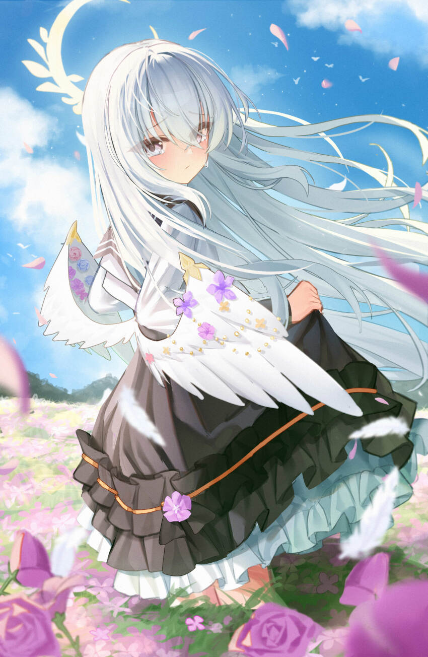 1girl absurdres azusa_(blue_archive) black_skirt blue_archive blush commentary_request falling_petals feathered_wings field floating_hair flower flower_field flower_ornament green_eyes halo highres jacket layered_skirt long_hair looking_at_viewer looking_to_the_side outdoors petals simple_bird skirt skirt_hold solo teardrop tears very_long_hair white_background white_jacket wing_ornament wings wlswlp