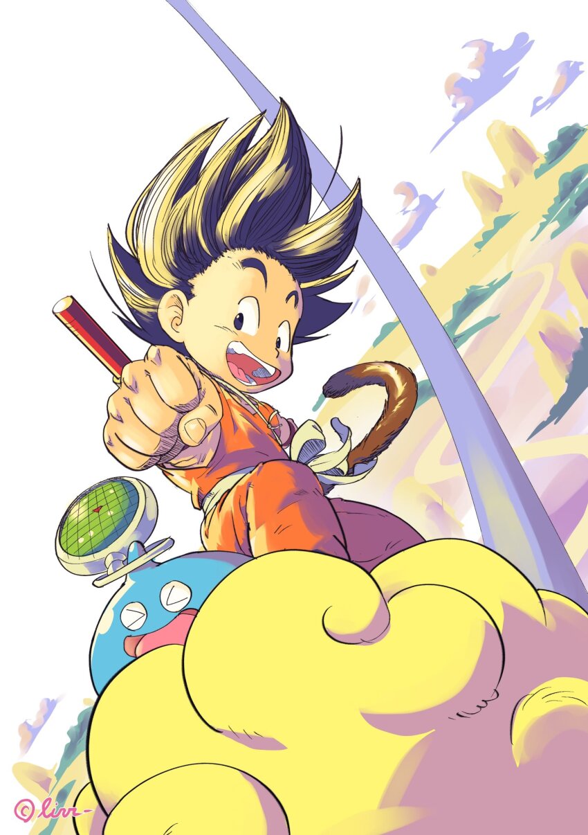 &gt;_&lt; 2boys :d aged_down black_eyes black_hair child clenched_hand cloud commentary_request compass creator_connection crossover dougi dragon_ball dragon_ball_(classic) dragon_quest dragon_quest_walk dragon_radar floating_hair flying flying_nimbus highres looking_at_another male_focus monkey_boy monkey_tail multiple_boys open_mouth orange_dougi ruyi_jingu_bang saiyan shey93735903 short_hair sky slamichi slime_(dragon_quest) smile son_goku spiked_hair tail white_sky