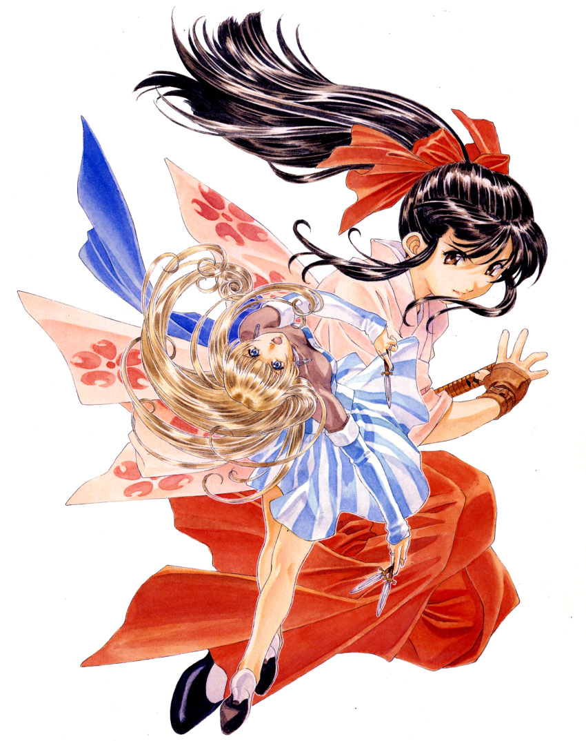 2girls absurdres bare_legs blonde_hair blunt_bangs breasts brown_eyes brown_gloves buttons cleavage collar collarbone color_issue detached_sleeves earrings fingerless_gloves floral_print floral_print_kimono floral_print_sleeves full_body gloves hakama hakama_skirt half_updo high_heels highres holding holding_knife holding_weapon hoop_earrings jacket japanese_clothes jewelry katana kimono kneepits knife leaning_back light_smile long_hair long_sleeves looking_at_viewer matsubara_hidenori medium_breasts meiji_schoolgirl_uniform multiple_girls no_socks official_art open_mouth outline parted_lips pink_kimono ponytail print_kimono pumps ratchet_altair red_hakama red_ribbon ribbon sakura_taisen sakura_taisen_v sash saturated scabbard see-through_cleavage see-through_clothes sega shadow sheath shinguuji_sakura sidelocks silver_earrings silver_ring simple_background skirt smile socks spinning striped_clothes striped_jacket striped_skirt sword throwing_knife traditional_media vertical-striped_clothes vertical-striped_jacket vertical-striped_skirt vertical-striped_sleeves very_long_hair weapon white_background white_footwear white_outline white_socks wide_sleeves