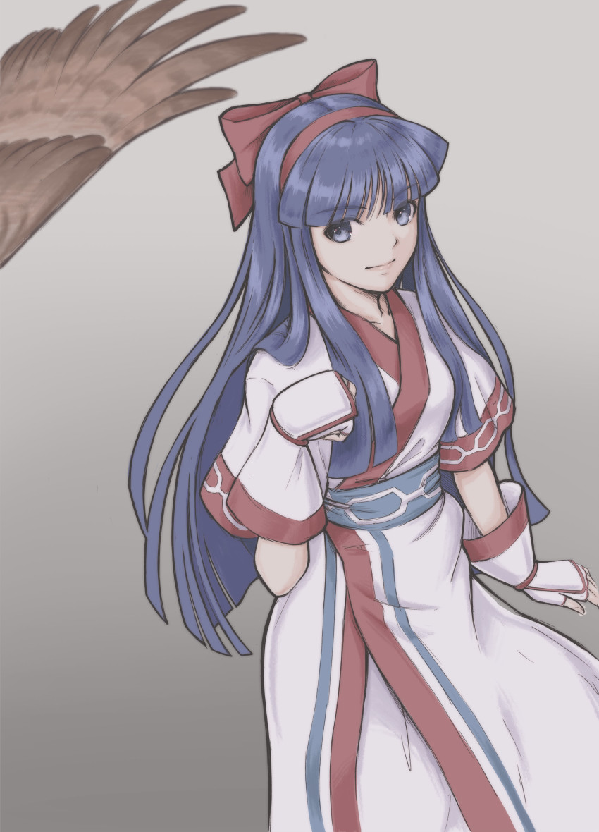 1girl absurdres ainu_clothes bird blue_eyes blue_hair bow breasts eagle hair_bow highres long_hair medium_breasts nakoruru samurai_spirits smile snk the_king_of_fighters tyanoki wings