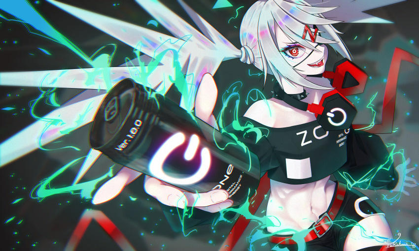 1girl abs absurdres belt black_choker black_shorts can choker crop_top dive_to_zone double-parted_bangs electricity eyepatch fanged_bangs fangs headphones headphones_around_neck highres holding holding_can long_hair off-shoulder_shirt off_shoulder power_symbol-shaped_pupils product_girl red_belt shirt shorts spiked_choker spikes symbol-shaped_pupils toned toned_female twintails very_long_hair waves yurakusai zone_(energy_drink) zonko