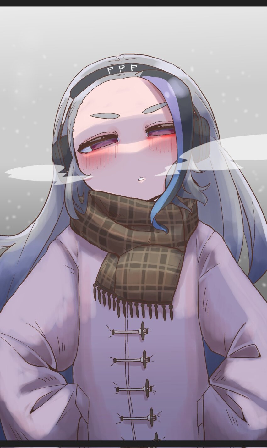 1girl blue_hair blush brown_scarf coat giant_penguin_(kemono_friends) grey_hair headphones highres kemono_friends long_hair looking_at_viewer multicolored_hair onaji_(sokudo_seigen) penguin_girl purple_coat purple_eyes scarf simple_background snow snowing solo two-tone_hair upper_body