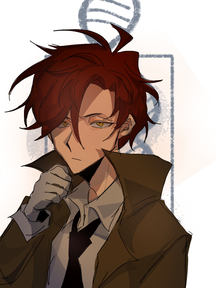 1boy :/ beiquqian black_necktie brown_jacket character_request chinese_commentary closed_mouth collared_shirt commentary_request copyright_request curtained_hair dna double_helix gloves hair_between_eyes highres jacket lapels male_focus necktie open_clothes open_jacket red_hair shirt short_hair solo upper_body white_gloves white_shirt yellow_eyes