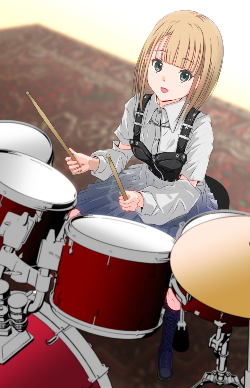 1girl 22/7 belt_buckle black_boots blonde_hair blurry boots buckle bxtbsy7q76gxh73 carpet collared_dress cymbals depth_of_field dress drum drum_set drumsticks dutch_angle from_above full_body green_eyes highres holding holding_drumsticks indoors instrument long_sleeves looking_at_viewer no_hairband official_alternate_hairstyle open_mouth rock_wa_shinanai saito_nicole sitting smile solo white_dress