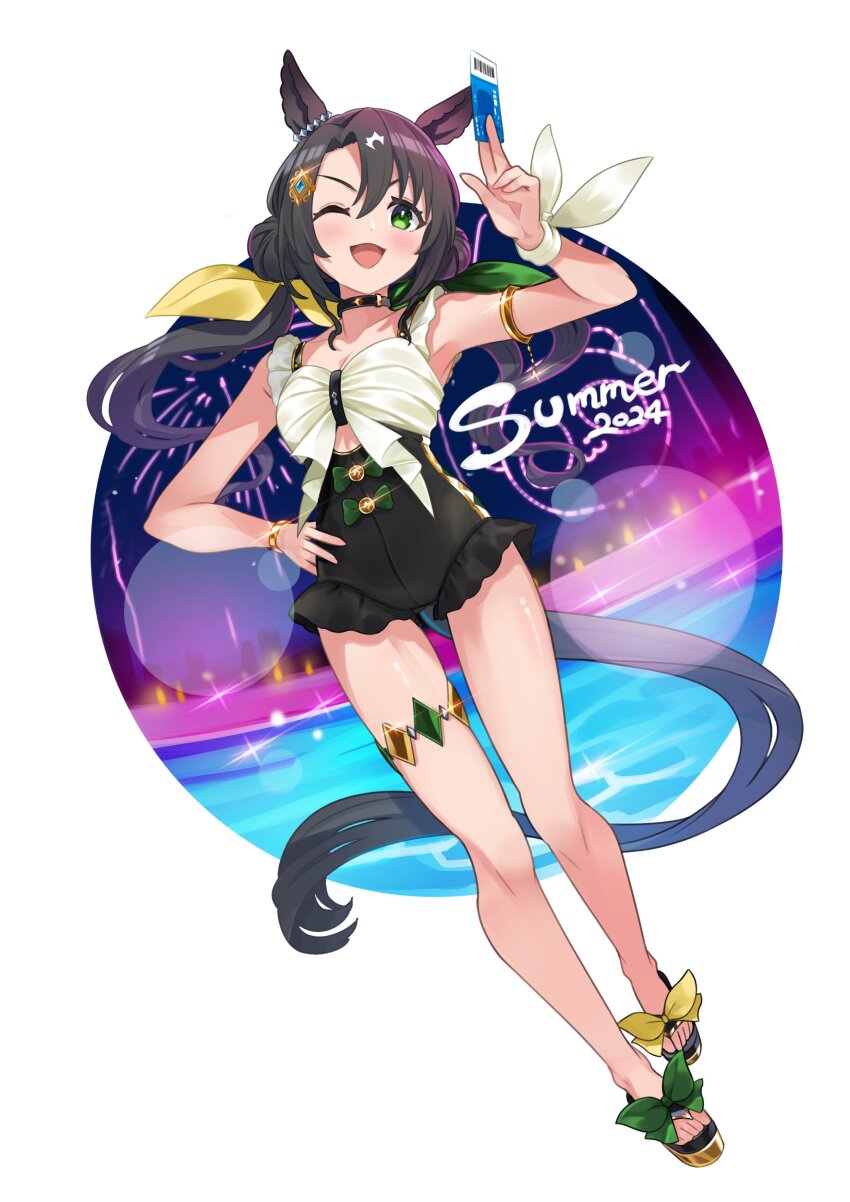 1girl 2024 absurdres alternate_costume alternate_hairstyle animal_ears armpits black_hair blush breasts cleavage collarbone commentary_request full_body green_eyes hair_between_eyes hair_ornament highres horse_ears horse_girl long_hair looking_at_viewer medium_breasts one_eye_closed sandals satono_crown_(umamusume) simple_background solo swimsuit ticket umamusume yokoji_(kodai2015)