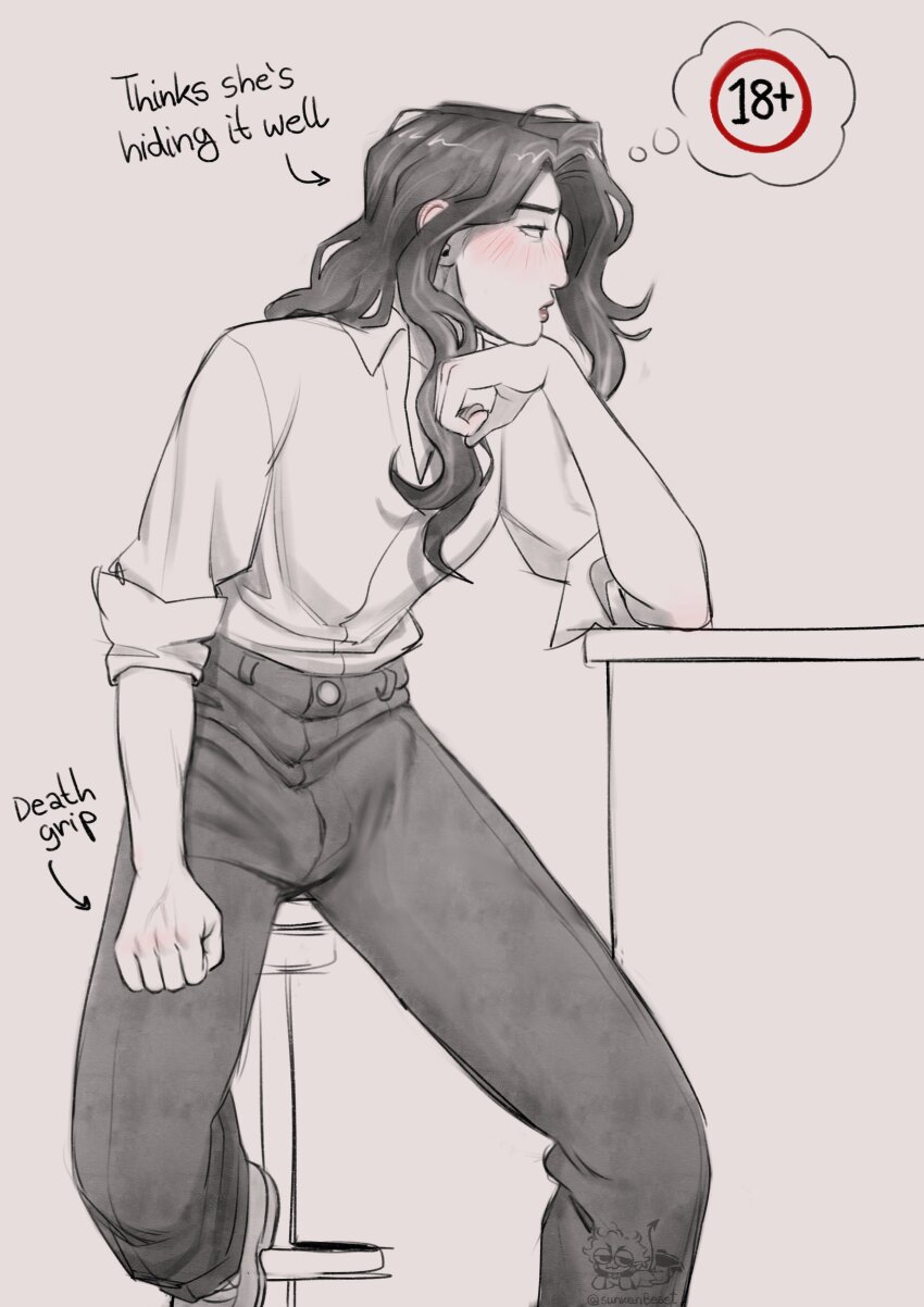 1futa absurdres blush bulge celine_(kpop_demon_hunters) collared_shirt commentary elbow_on_table english_commentary english_text erection erection_under_clothes futanari highres kpop_demon_hunters long_hair on_stool pants shirt signature sitting sleeves_rolled_up solo spot_color sunkenbeast