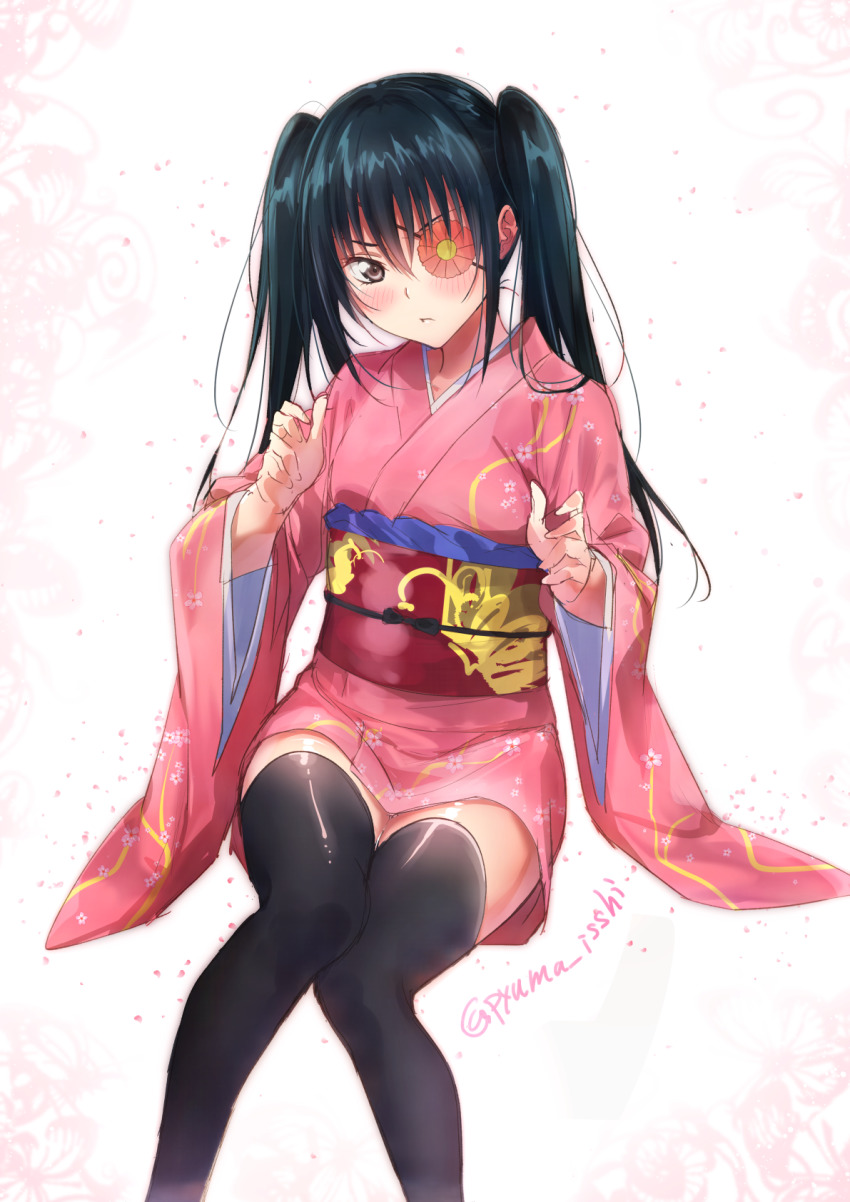 1girl black_hair black_thighhighs blush brown_eyes closed_mouth collarbone eyepatch frown gintama highres isshi_pyuma japanese_clothes kimono long_hair looking_at_viewer obi pink_kimono print_kimono sash shiny_skin short_kimono simple_background solo thighhighs twintails twitter_username white_background yagyuu_kyuubei zettai_ryouiki