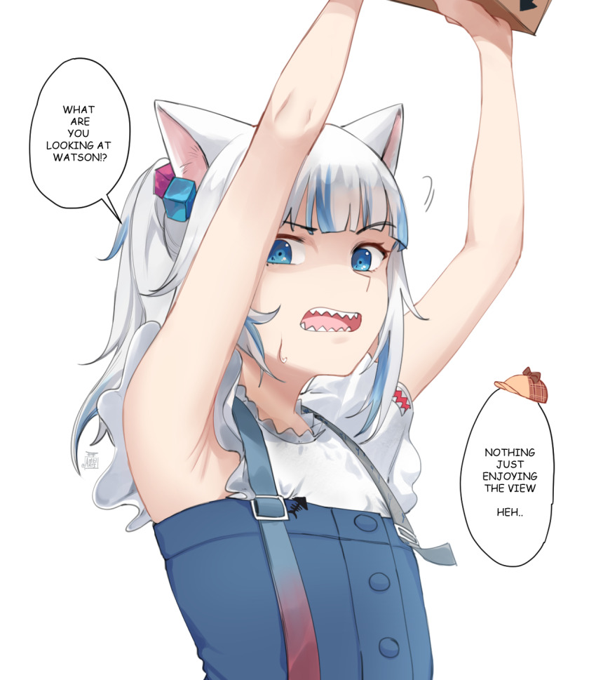 1girl ameiarts animal_ears armpit_focus armpits arms_up blue_eyes blue_skirt cat_ears commentary cube_hair_ornament english_commentary english_text from_below from_side gawr_gura gawr_gura_(casual) hair_ornament highres hololive hololive_english looking_at_viewer multicolored_hair open_mouth ponytail raised_eyebrow sharp_teeth shirt short_hair signature simple_background skirt skirt_set sleeveless solo speech_bubble streaked_hair suspenders sweatdrop talking teeth upper_body virtual_youtuber white_background white_hair white_shirt