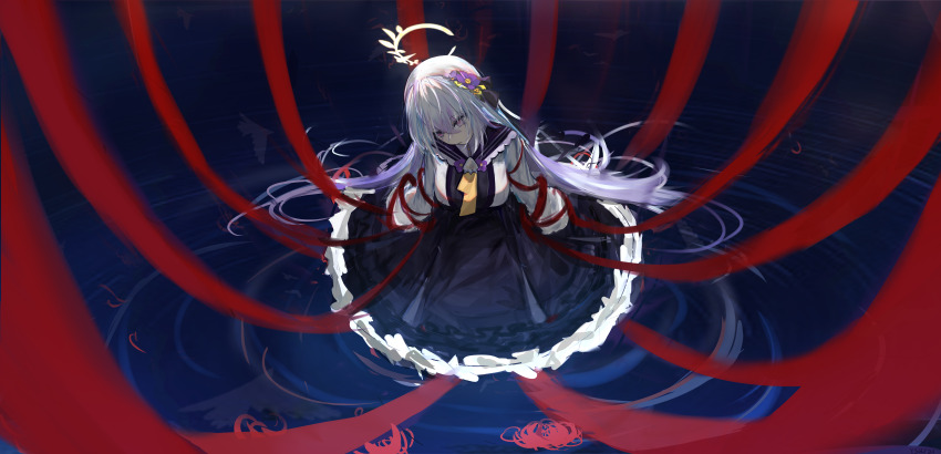 1girl absurdres azusa_(blue_archive) blue_archive dress entangled flower frilled_dress frills hair_between_eyes hair_flower hair_ornament hair_ribbon halo he_yue head_tilt highres huge_filesize incredibly_absurdres long_hair looking_down on_floor parted_lips purple_eyes ribbon sidelocks solo stream teeth white_hair