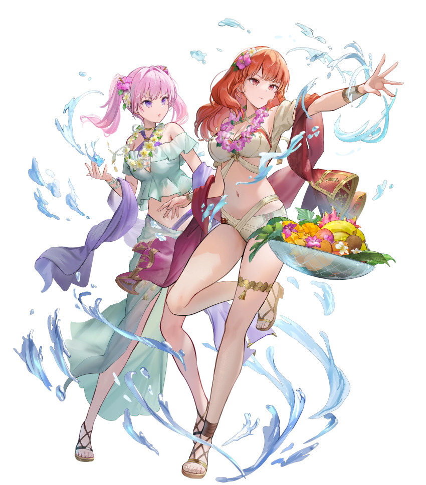 2girls attack bikini bowl breasts celica_(fire_emblem) celica_(summer)_(fire_emblem) criss-cross_halter fire_emblem fire_emblem:_the_blazing_blade fire_emblem_echoes:_shadows_of_valentia flower food fruit fruit_bowl hair_flower hair_ornament halterneck highres holding holding_bowl medium_breasts multiple_girls navel nintendo non-web_source official_alternate_costume official_art parted_lips pink_hair purple_eyes red_eyes red_hair red_shawl sandals sarong see-through_clothes see-through_sarong serra_(fire_emblem) serra_(summer)_(fire_emblem) shawl swimsuit twintails v-shaped_eyebrows water white_bikini yellow_bikini