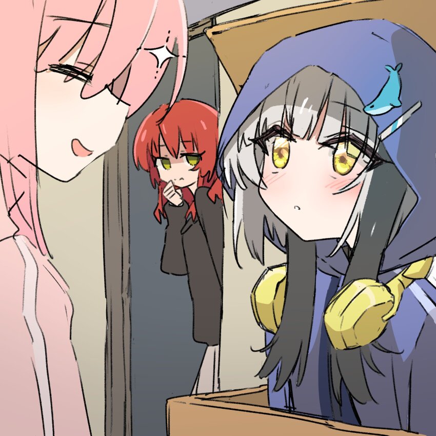 3girls ^_^ black_hair black_shirt blue_jacket blush bocchi_the_rock! clenched_hand closed_eyes commentary_request empty_eyes face-to-face gotoh_hitori green_eyes grey_skirt hand_up headphones headphones_around_neck highres hood hood_up hooded_jacket horie_teru in_container indoors jacket jealous kita_ikuyo korean_commentary krill55 long_sleeves medium_hair mixed-language_commentary multicolored_hair multiple_girls no_pupils open_mouth parted_lips peeking pink_hair pink_jacket red_eyes red_hair shaded_face shirt sidelocks skirt smirk sparkle track_jacket two-tone_hair white_hair yellow_eyes