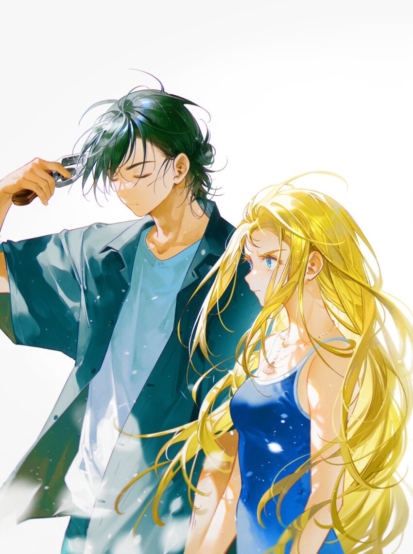 1boy 1girl ajiro_shinpei black_hair blue_eyes blue_one-piece_swimsuit breasts closed_eyes gun gun_to_head handgun highres holding holding_gun holding_hands holding_weapon imminent_suicide jacket kofune_ushio long_hair one-piece_swimsuit open_clothes open_jacket revolver serious shirt summertime_render swimsuit tidsean weapon white_shirt