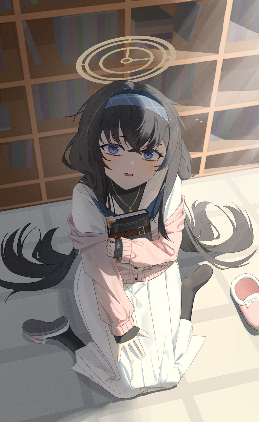 1girl absurdres bags_under_eyes black_hair black_pantyhose blue_archive blue_eyes blue_hairband blue_neckerchief blush commentary_request crossed_bangs dress hairband halo highres indoors jacket jewelry long_hair long_sleeves looking_at_viewer looking_up neckerchief necklace off_shoulder open_mouth pantyhose pink_jacket school_uniform sitting sleeves_past_wrists solo ui_(blue_archive) very_long_hair wariza white_dress xin1 yellow_halo