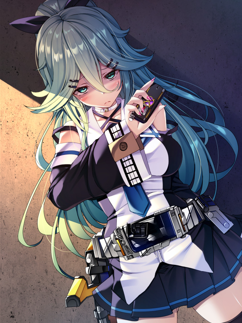 1girl aqua_eyes aqua_hair bare_shoulders black_ribbon black_serafuku black_skirt blue_neckerchief blush breasts closed_mouth cowboy_shot detached_sleeves gluteal_fold hair_between_eyes hair_ribbon highres holding kamen_rider kamen_rider_555 kamen_rider_kaixa kantai_collection long_hair long_sleeves medium_breasts neckerchief open_mouth pleated_skirt ponytail ribbon school_uniform serafuku shaded_face skirt solo torisan yamakaze_(kancolle)
