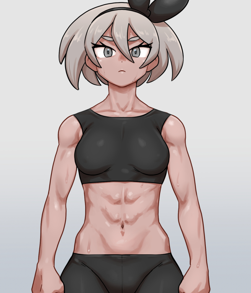 1girl abs bea_(pokemon) biceps bike_shorts black_hairband black_sports_bra bow_hairband breasts closed_mouth collarbone commentary_request eyelashes grey_background grey_eyes grey_hair hair_between_eyes hairband highres looking_at_viewer navel nintendo nutkingcall pokemon pokemon_swsh short_hair skin_tight solo sports_bra sweat toned toned_female