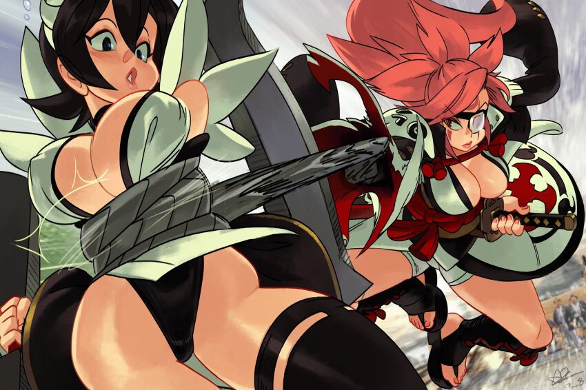 alex_ahad amputee baiken big_hair black_hair black_kimono black_thighhighs blush bound breasts butterfly_swords choker cleavage commentary covered_erect_nipples english_commentary eyepatch facial_tattoo fighting guilty_gear guilty_gear_strive highres holding holding_weapon iroha_(samurai_spirits) japanese_clothes kataginu katana kimono large_breasts leotard long_hair maid maid_day maid_headdress maid_leotard one-eyed open_clothes open_kimono outdoors photo_background pink_hair samurai samurai_spirits sandals scar scar_across_eye scar_on_face short_hair signature sword tattoo thighhighs toes torn_sleeve unconventional_maid weapon