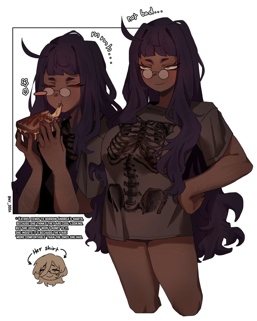 2girls absurdres ahoge andrea_(ny_000a) blush_stickers borrowed_clothes breasts brown_shirt cheese cheese_trail closed_mouth dark-skinned_female dark_skin english_text food glasses grilled_cheese highres katriel_(project_moon) large_breasts library_of_ruina long_hair multiple_girls ny_000a orange_eyes original pince-nez project_moon purple_eyes purple_hair shirt short_sleeves sidelocks simple_background single_blush_sticker skeleton_print smile t-shirt very_long_hair wavy_hair white_background