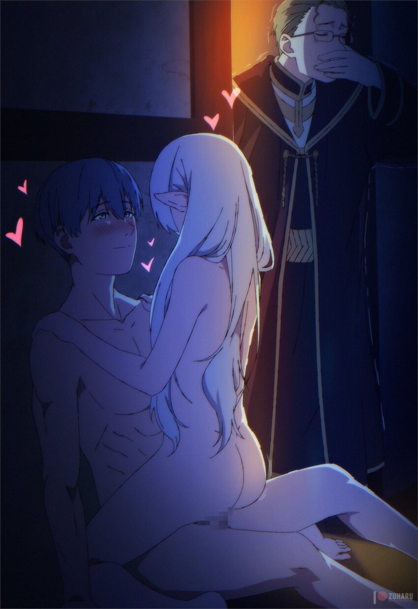 1girl 2boys ass black_robe blue_hair blush commentary completely_nude english_commentary frieren girl_on_top hair_down heiter hetero highres himmel_(sousou_no_frieren) indoors long_hair looking_at_another multiple_boys night nose_blush nude robe sex sitting sitting_on_person sousou_no_frieren thighs vaginal walk-in white_hair zuharu