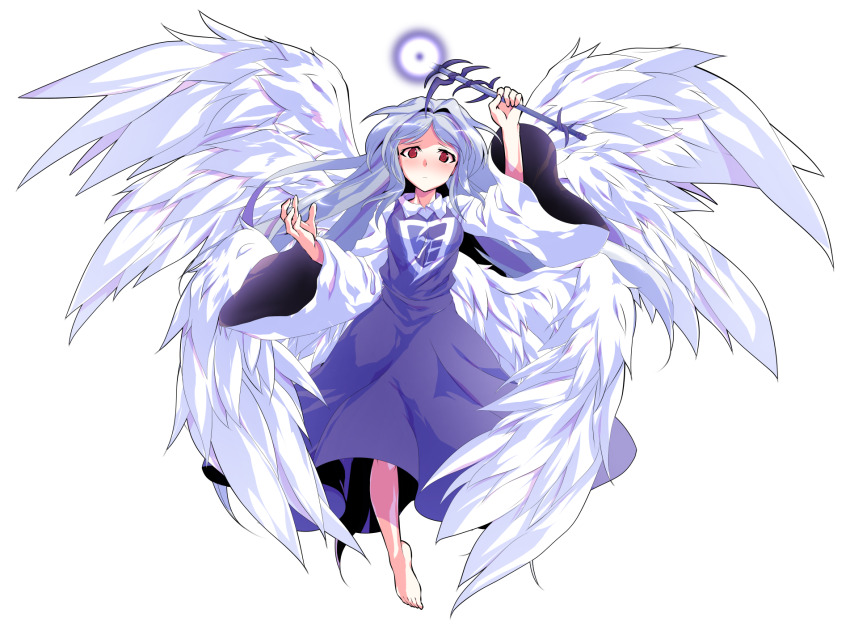 1girl alphes_(style) angel angel_wings barefoot blue_hair blush breasts closed_mouth collared_shirt commentary_request dairi dress feathered_wings feathers full_body genderswap genderswap_(otf) hair_intakes highres holding holding_wand large_variant_set left-handed long_hair long_sleeves looking_at_viewer multiple_wings parody parted_bangs purple_dress red_eyes sariel_(touhou) seraph shirt smile solo style_parody touhou touhou_(pc-98) transparent_background variant_set very_long_hair wand white_shirt white_wings wide_sleeves wings