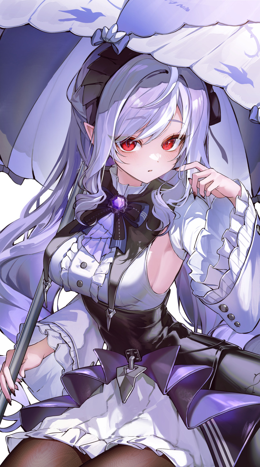 1girl absurdres ascot black_nails black_pantyhose bow breasts center_frills commentary dress drill_hair frills gem highres hokkul holding holding_umbrella looking_at_viewer medium_breasts mole mole_under_eye multicolored_hair pantyhose parted_lips pointy_ears purple_ascot purple_bow purple_gemstone purple_hair purple_umbrella red_eyes shrug_(clothing) sideboob simple_background solo streaked_hair symbol-only_commentary umbrella umbrella_over_shoulder vivian_(zenless_zone_zero) white_background white_dress white_hair white_shrug zenless_zone_zero