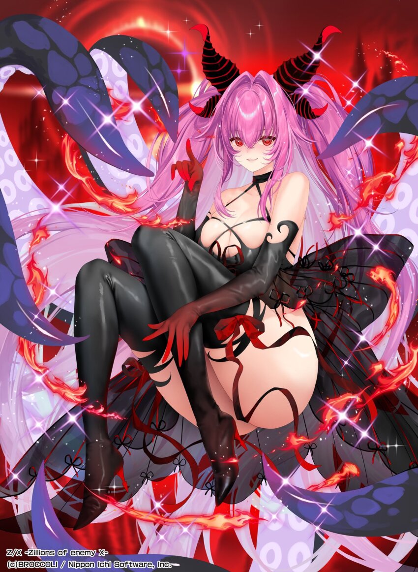 1girl bare_shoulders black_boots black_dress boots breasts cleavage commentary_request copyright_notice demon_tail dress elbow_gloves fire gloves hair_between_eyes high_heel_boots high_heels highres ku_rito_(z/x) large_breasts long_hair official_art pink_hair red_background red_eyes red_gloves solo tail tenryuu_yutaka tentacles thigh_boots two_side_up very_long_hair weisuoxin z/x