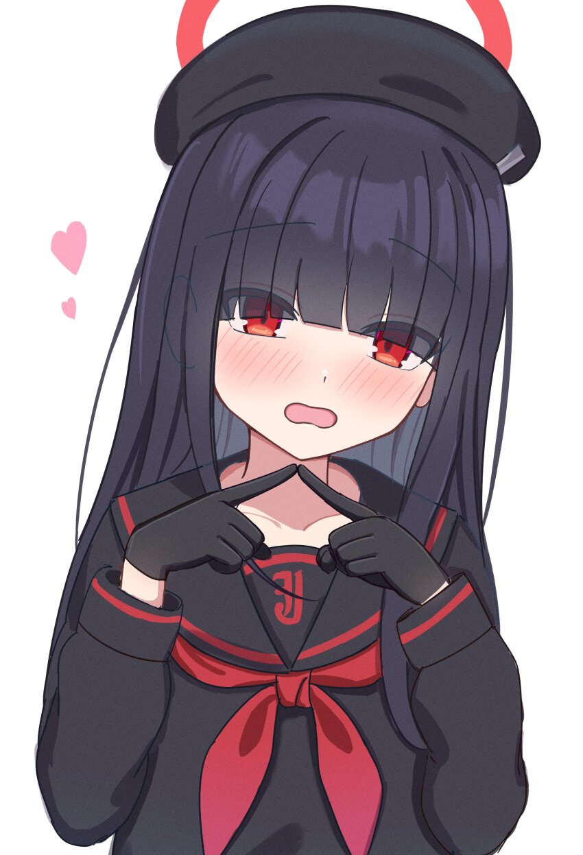 1girl absurdres beret black_gloves black_hair black_hat black_sailor_collar black_shirt blue_archive blunt_bangs collarbone eyes_visible_through_hair gloves hair_over_eyes halo hat head_tilt heart highres index_fingers_together justice_task_force_member_(blue_archive) light_blush neckerchief onemune6 open_mouth raised_eyebrows red_eyes red_halo red_neckerchief sailor_collar sailor_shirt shirt solo upper_body white_background