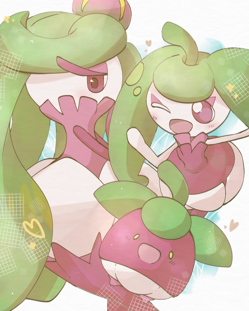 blush bounsweet colored_skin commentary_request evolutionary_line eyelashes game_freak gen_7_pokemon green_hair heart highres looking_down nintendo pink_eyes pokemon pokemon_(creature) purple_skin smile soke_sa steenee tsareena white_skin yellow_eyes