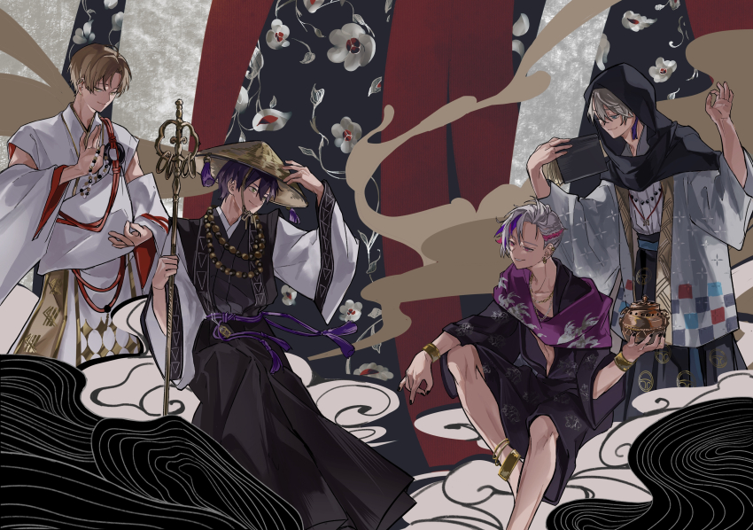 4boys absurdres ajirogasa beads black_nails black_veil brown_eyes brown_hair closed_mouth ear_piercing earrings fuwa_minato green_eyes grey_hair grin hat highres holding holding_scepter japanese_clothes jewelry kagami_hayato kaida_haru kenmochi_touya male_focus multicolored_hair multiple_boys nijisanji piercing prayer_beads purple_eyes purple_hair scepter shakujou smile staff sumi_(n29250) veil virtual_youtuber