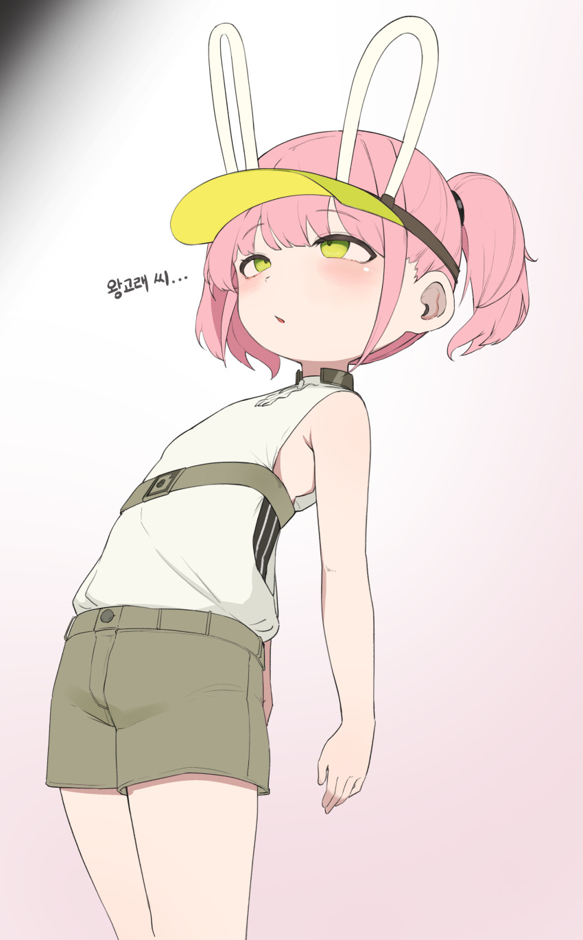 1girl absurdres animal_ears armpit_crease bare_shoulders belt brown_shorts cowboy_shot daebom fake_animal_ears girls&#039;_frontline girls&#039;_frontline_neural_cloud green_eyes highres korean_text looking_up pink_hair shirt shorts simple_background sleeveless sleeveless_shirt solo standing taisch_(neural_cloud) twintails visor_cap white_shirt