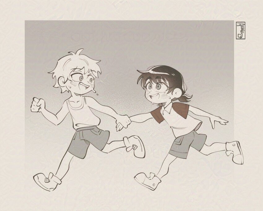 1boy 1girl :d absurdres adversarial_noise aged_down akaiguarts chainsaw_man child denji_(chainsaw_man) grabbing_another&#039;s_hand greyscale highres mitaka_asa monochrome open_mouth polo_shirt running shorts smile sweat tank_top