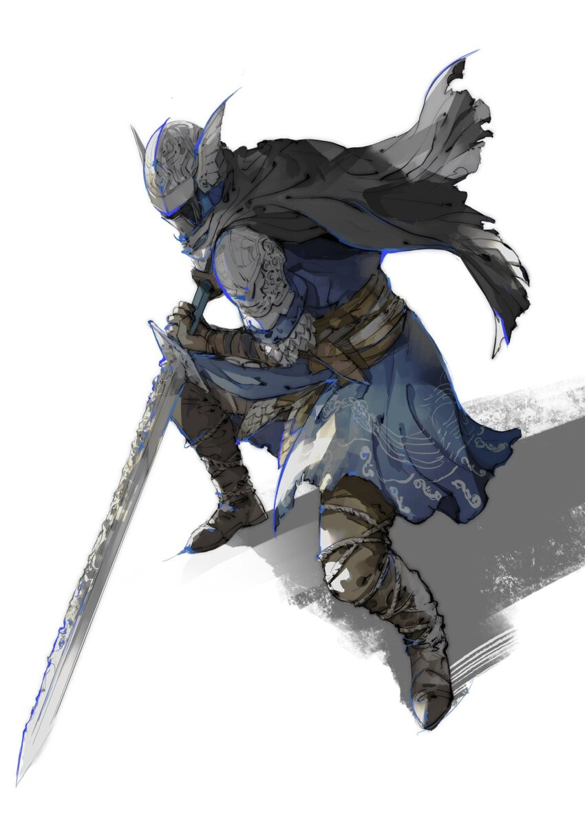 1other ambiguous_gender armor black_boots black_cape black_gloves blue_tunic boots cape elden_ring elden_ring_nightreign full_body gloves greatsword helm helmet highres holding holding_sword holding_weapon knight nira_(nira_box) pauldrons shoulder_armor squatting sword tunic weapon white_background winged_helmet wylder_(elden_ring)