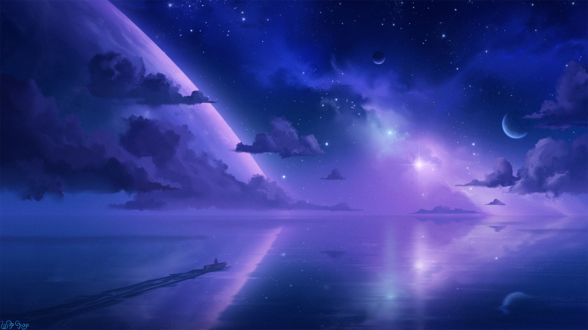 1boy blue_clouds boat highres nebula night ocean original painterly planet purple_clouds reflection reflective_water scenery science_fiction sky space star_(sky) starry_sky watercraft wopgnop