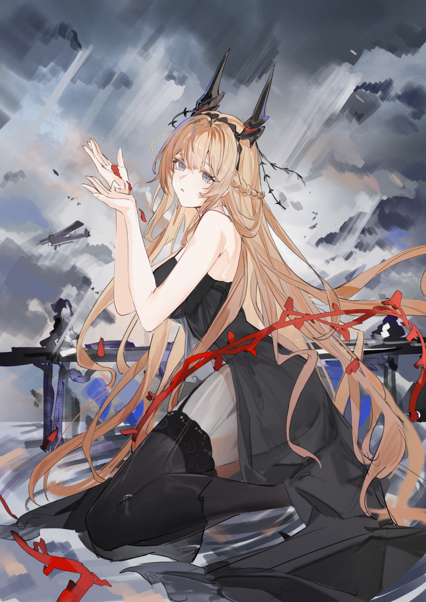 1girl absurdres azur_lane bare_arms bare_shoulders black_dress black_horns black_thighhighs blonde_hair braid breasts commentary dress falling_petals flantia frills full_body garter_straps glorious_(azur_lane) glorious_(meta)_(azur_lane) grey_eyes hair_between_eyes hair_ornament hands_up highres holding horns large_breasts long_dress long_hair looking_at_viewer open_mouth petals red_petals sitting sleeveless sleeveless_dress thighhighs thighs very_long_hair